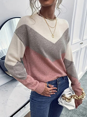 Yonca Moda Evi Kadın Uzun Kollu Bisiklet Yaka Renk Bloklu Triko Bluz