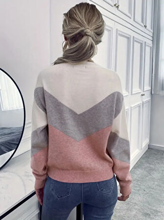Yonca Moda Evi Kadın Uzun Kollu Bisiklet Yaka Renk Bloklu Triko Bluz