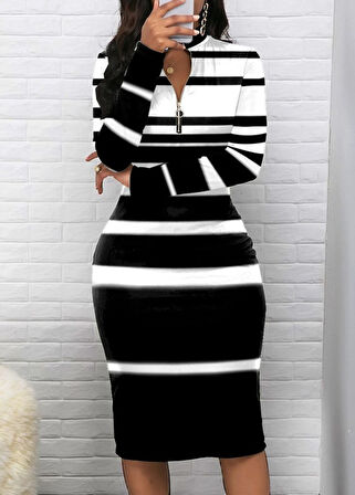 Yonca Moda Evi Kadın Uzun Kollu Fermuar Detay Siyah Beyaz çizgili Akrelik Triko Elbise