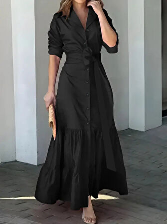 Yonca Moda Evi Kadın Uzun Kollu Eteği Fırfırlı Beli Kuşaklı Trikoton Tam Boy Gömlek Elbise