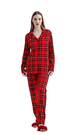 Kadın Kırmızı Ekose Pamuk Pijama Takım