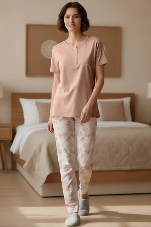 Kadın Somon Pamuk Kısa Kollu Pijama Takımı