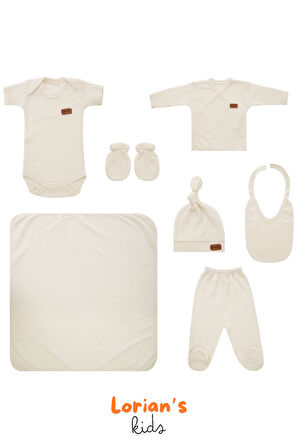 Yeni doğan Petek Dokulu 7'li Battaniyeli Zıbın Takımı %100 Pamuklu Hastane Çıkışı- Krem