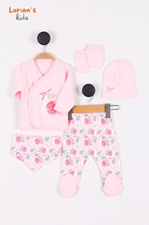 Doğal Pamuklu Yeni Doğan Kuğu Nakışlı Patikli Bebek 5'li Zıbın Takım - Hastane çıkışı - Pembe