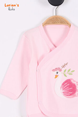 Doğal Pamuklu Yeni Doğan Kuğu Nakışlı Patikli Bebek 5'li Zıbın Takım - Hastane çıkışı - Pembe