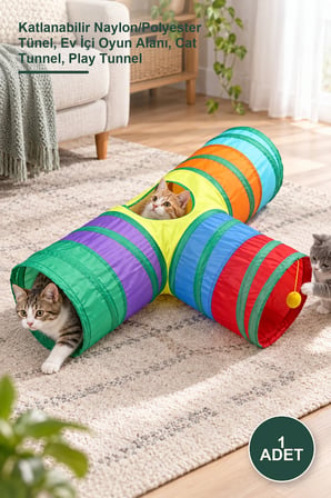 1 Adet Kedi Oyun Tüneli – Katlanabilir Naylon/Polyester Tünel, Ev İçi Oyun Alanı, Cat Tunnel, Play Tunnel