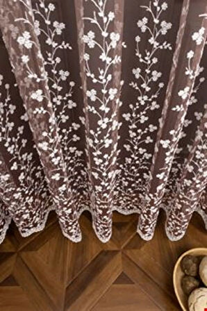 Mürdüm Etek Ucu Papatya Desenli Renk Geçişli 2 Kat Pileli Tül Perde