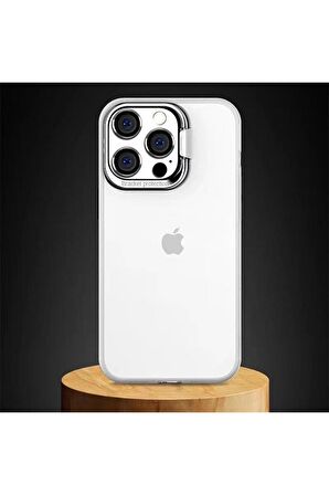 İphone 13 Pro Uyumlu Mavi Sert Silikon Metal Portatif Kamera Çerçeveli Stantlı Şeffaf Buzlu  Kılıf