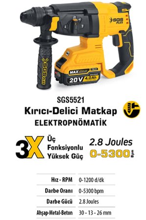 SGS 5521 Elektro Pnömatik SDS Plus Akülü Beton Delici Kırıcı Seti 20V 2x4.0Ah Kömürsüz Motor