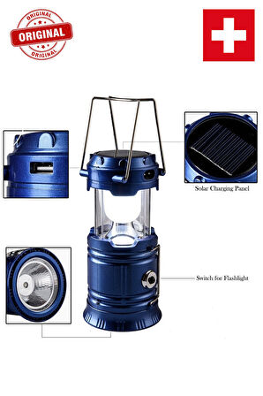 Şarjlı Kamp Lambası Güneş Enerjili Kızaklı Kamp Feneri Led Lamba Işıldak 6+1