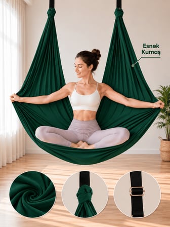Beylini Yoga Hamağı Fly Salıncağı Yükseklik Ayarlanabilir Antigravity Esnek Askılı Denge Spor Aleti Pilates Fitness Denge Esneme Gerdirme Gelişim Yeşil