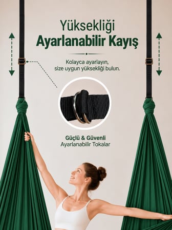 Beylini Yoga Hamağı Fly Salıncağı Yükseklik Ayarlanabilir Antigravity Esnek Askılı Denge Spor Aleti Pilates Fitness Denge Esneme Gerdirme Gelişim Yeşil
