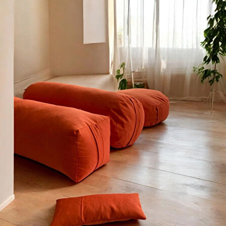Dolgusuz Meditasyon Minderi, Silindir ve Kare Bolster ve Göz Yastığı 4'lü Meditasyon Seti Kılıfı Turuncu 