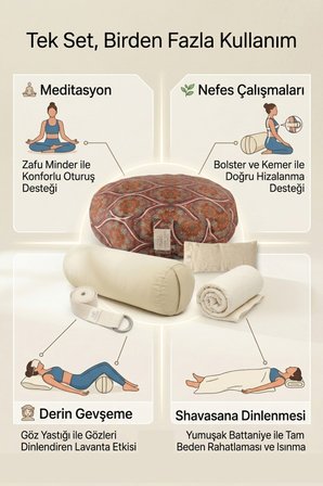 5 Parça Premium Yoga ve Meditasyon Seti – Zafu Minder, Bolster, Lavanta Göz Yastığı, Yoga Kemeri ve Shavasana Battaniyesi