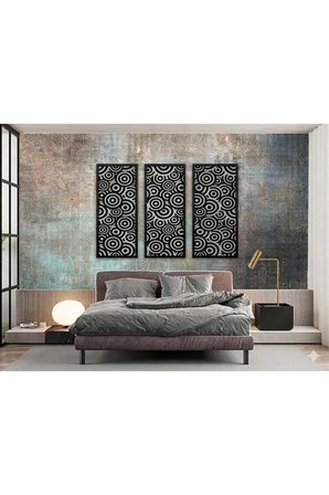 Yörünge Serisi: 3 Parçalı Modern Geometrik Ahşap Duvar Tablosu Seti 60x55 cm Siyah Renk