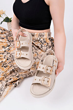 Çift Tokalı Taba Ortopedik Kadın Günlük Sandalet - Bej