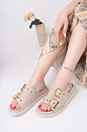 Çift Tokalı Taba Ortopedik Kadın Günlük Sandalet - Bej