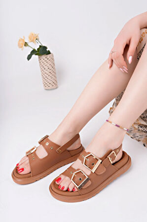 Çift Tokalı Taba Ortopedik Kadın Günlük Sandalet - Kahverengi