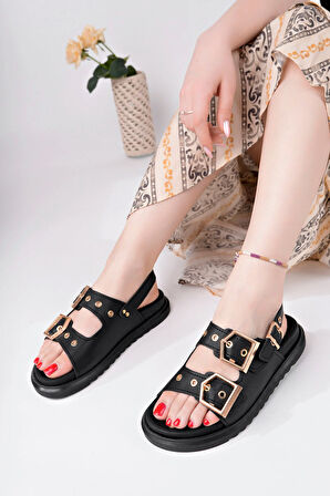 Çift Tokalı Taba Ortopedik Kadın Günlük Sandalet - Siyah