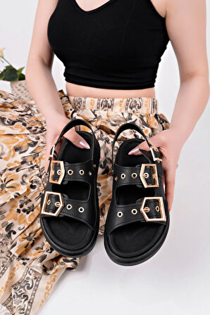 Çift Tokalı Taba Ortopedik Kadın Günlük Sandalet - Siyah