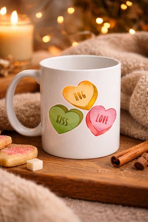 Hug Kiss Love Model 10 Porselen Kupa – Cıvıl Cıvıl Kalpli Tasarım, Sevgiliye & Hediye Kupası