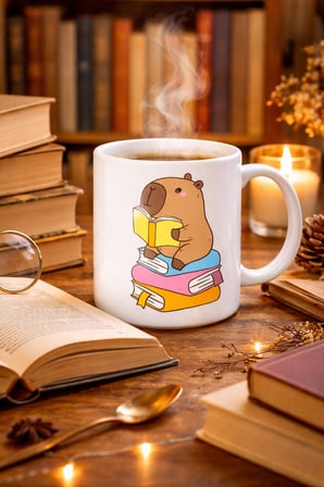 Kitap Okuyan Kapibara Tasarımlı Porselen Kupa MODEL 100 – Kahve & Çay Keyfi İçin Sıcacık ve Sevimli Tasarım CAPYBARA