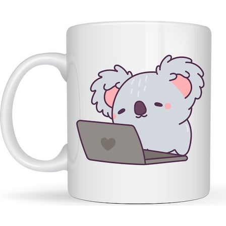 Laptoplu Koala Desenli Porselen Kupa MODEL 111 – Sevimli Ofis Kupası , Çalışanlara Özel Tatlı Hediye