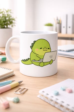 Sevimli Dinozor Tasarımlı Porselen Kupa MODEL 117 – Laptoplu Tatlı Dino Figürlü Ofis & Ev Kahve Kupası