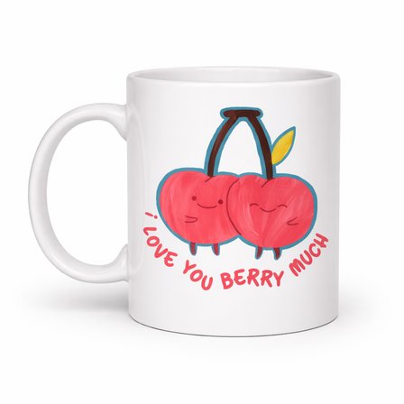 I Love You Berry Much Tasarımlı Kupa Model 12 Sevimli Kiraz Desenli Porselen Kahve Kupası - Hediye Fincanı