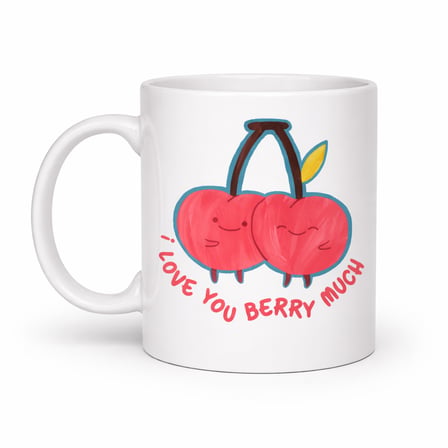 I Love You Berry Much Tasarımlı Kupa Model 12 Sevimli Kiraz Desenli Porselen Kahve Kupası - Hediye Fincanı
