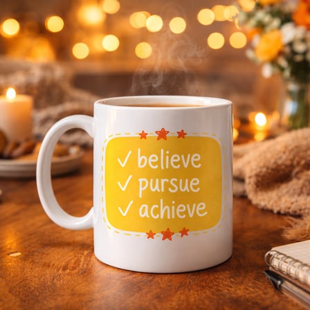 Believe Pursue Achieve Yazılı Porselen Kupa MODEL 124 – Motive Edici Tasarım, İlham Veren Kahve & Çay Kupası, Özel Hediye