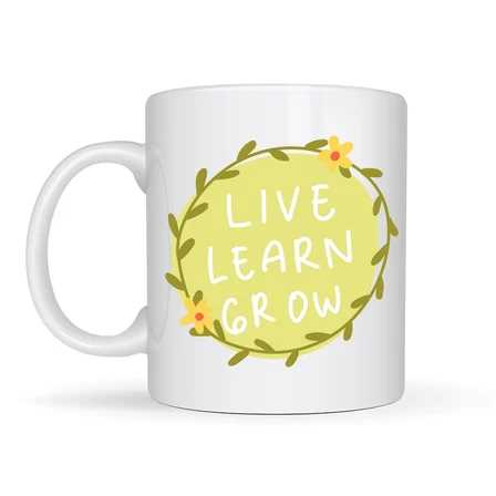 Live Learn Grow Motivasyon Kupası MODEL 133 – YAŞA , ÖĞREN , GELİŞ İlham Veren Tasarım, Porselen Kupa, Pozitif Mesajlı Kahve & Çay Kupası