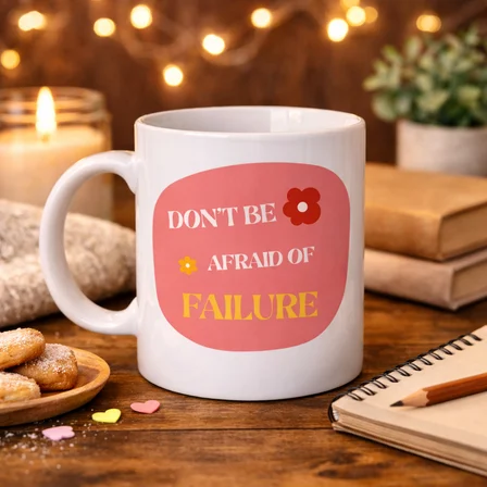 Don’t Be Afraid of Failure Motivasyon Kupası MODEL 134 – İlham Veren Tasarım, Porselen Kahve Kupası, Pozitif Mesajlı Hediye