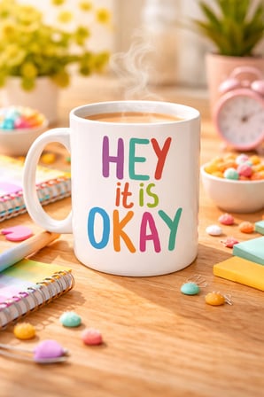 Hey It Is Okay Motivasyon Kupası MODEL 137 – Renkli Tasarım Porselen Kupa – Moral Veren, Pozitif Mesajlı Kahve & Çay Kupası