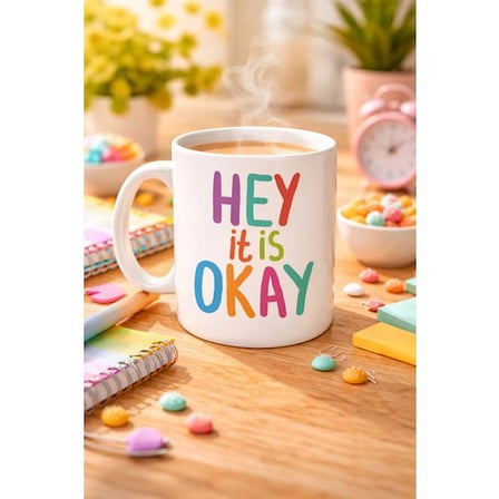Hey It Is Okay Motivasyon Kupası MODEL 137 – Renkli Tasarım Porselen Kupa – Moral Veren, Pozitif Mesajlı Kahve & Çay Kupası