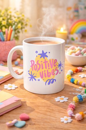Positive Vibes Porselen Kupa MODEL 138 – Renkli Tasarım Motivasyon Kupası – Pozitif Enerji Veren Kahve & Çay Kupası