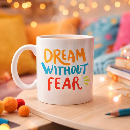Dream Without Fear Yazılı Porselen Kupa MODEL 139 – Motivasyon Temalı, Renkli Tasarım, Kahve & Çay Kupası – Hediye Seçeneği