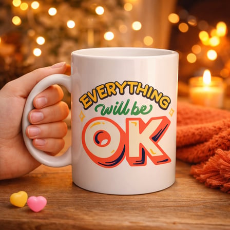 Everything Will Be OK Yazılı Porselen Kupa MODEL 143 – "HERŞEY YOLUNA GİRECEK" Motivasyonel Tasarım, Sıcacık Hediye Kupası, Kahve & Çay Kupası