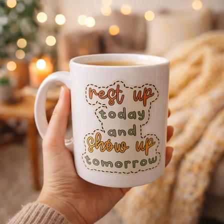Motivasyon Mesajlı Porselen Kupa MODEL 146 – “Rest Up Today, Show Up Tomorrow” Yazılı – Kahve & Çay Kupası – Hediye Fikri
