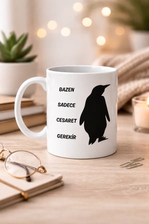 Bazen Sadece Cesaret Gerekir Kupa MODEL 160 – Nihilist Penguen Tasarımlı Porselen Kupa | İlham Veren Motif, Özgün Hediye