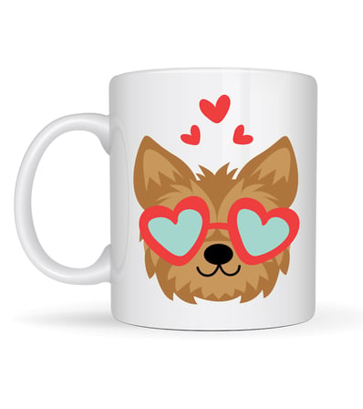 Sevimli Yorkshire Terrier Tasarımlı Porselen Kupa Model 49 – Kalpli Gözlüklü Köpek Desenli, Hediye Kupası