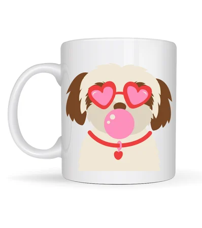 Kalpli Gözlüklü Shih Tzu Tasarımlı Porselen Kupa MODEL 53 – Sevimli Köpek Figürlü Kahve & Çay Kupası