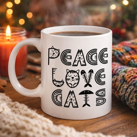 Peace Love Cats – Sevimli Kedi Desenli Porselen Kupa MODEL 60 Kahve & Çay Kupası