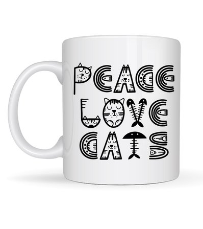 Peace Love Cats – Sevimli Kedi Desenli Porselen Kupa MODEL 60 Kahve & Çay Kupası