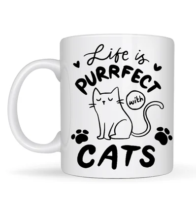 Life is Purrfect with Cats – Kedi Desenli Porselen Kupa MODEL 62 Sevimli Kedi Figürlü Kahve Kupası