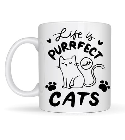 Life is Purrfect with Cats – Kedi Desenli Porselen Kupa MODEL 62 Sevimli Kedi Figürlü Kahve Kupası