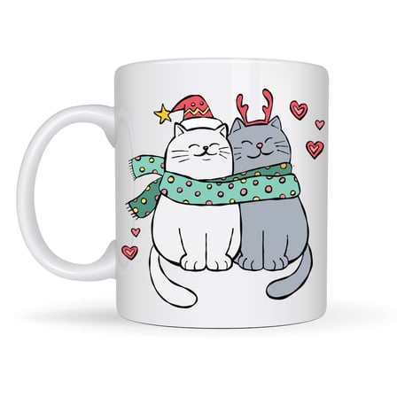 Sevimli Kedi Figürlü Yılbaşı Temalı Porselen Kupa MODEL 75 – Aşık Kediler Desenli, Sıcacık Tasarım, Kahve & Çay Kupası