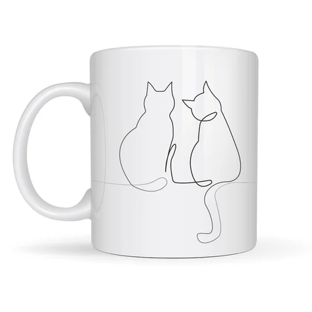 Minimal Çizim İki Kedi Desenli Porselen Kupa MODEL 77 – Sevgi Temalı Şık Tasarım, Kahve & Çay Kupası