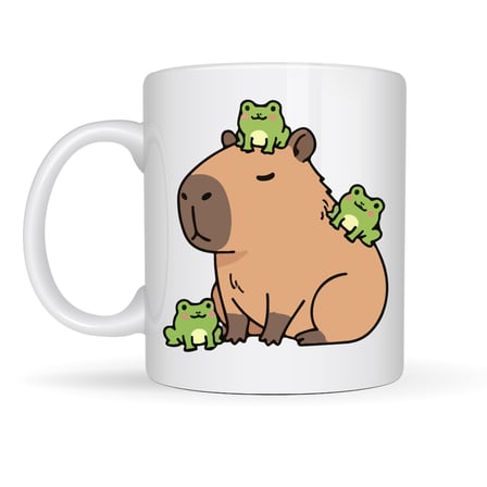 Sevimli Kapibara ve Kurbağa Desenli Porselen Kupa MODEL 98 – Eğlenceli Tasarım, Kahve & Çay Kupası, Hediye Fikri