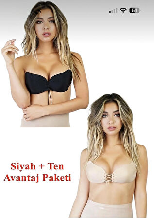 2 adet Ten-Siyah Yapışkanlı sütyen askısız önden ipli toparlayıcı dolgun gösteren yapışkanlı sütyen 